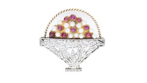 Vintage 14k Gold and Silver Fruit Basket Brooch