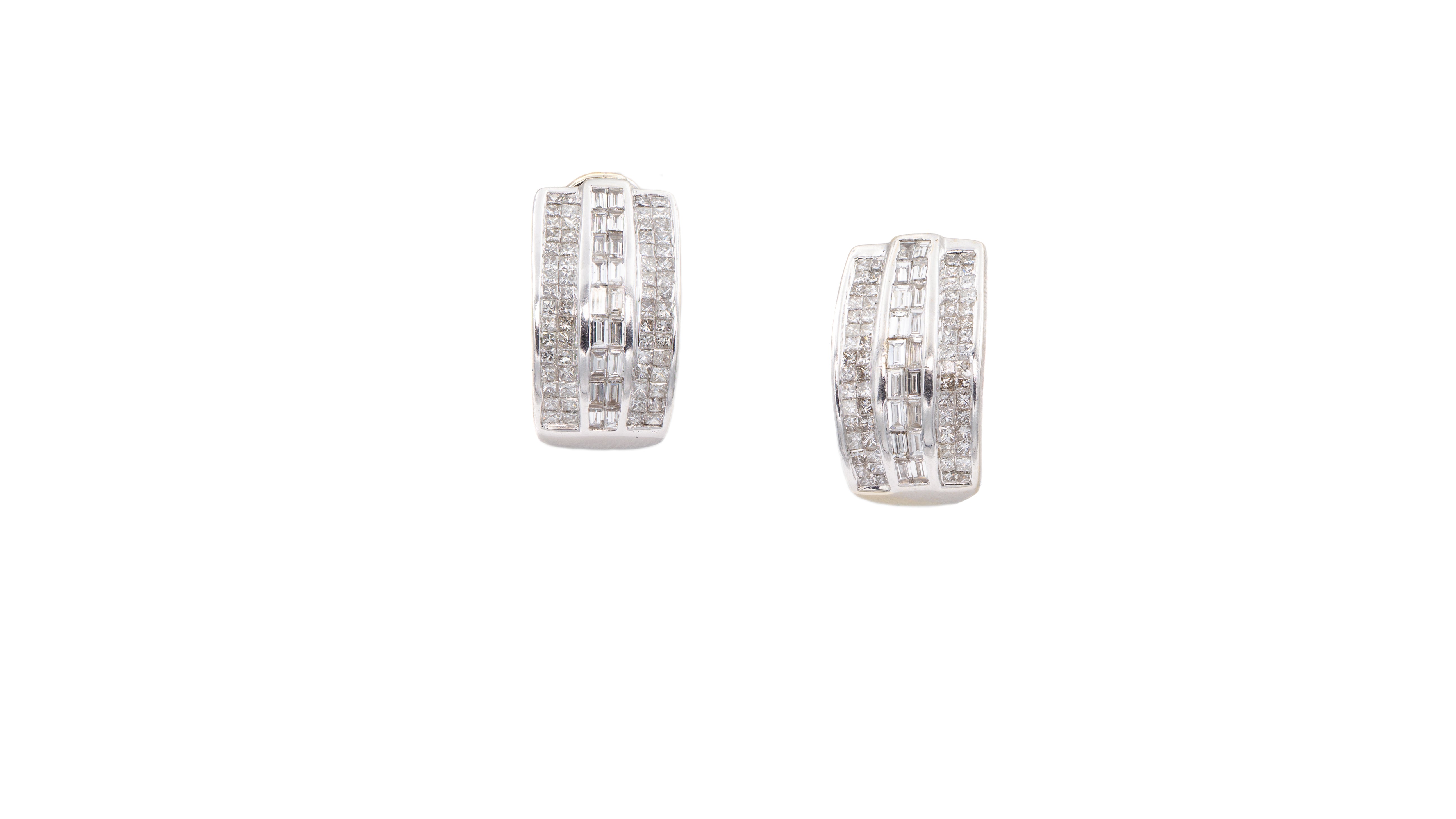 14k White Gold Princess and Baguette Diamond Earrings