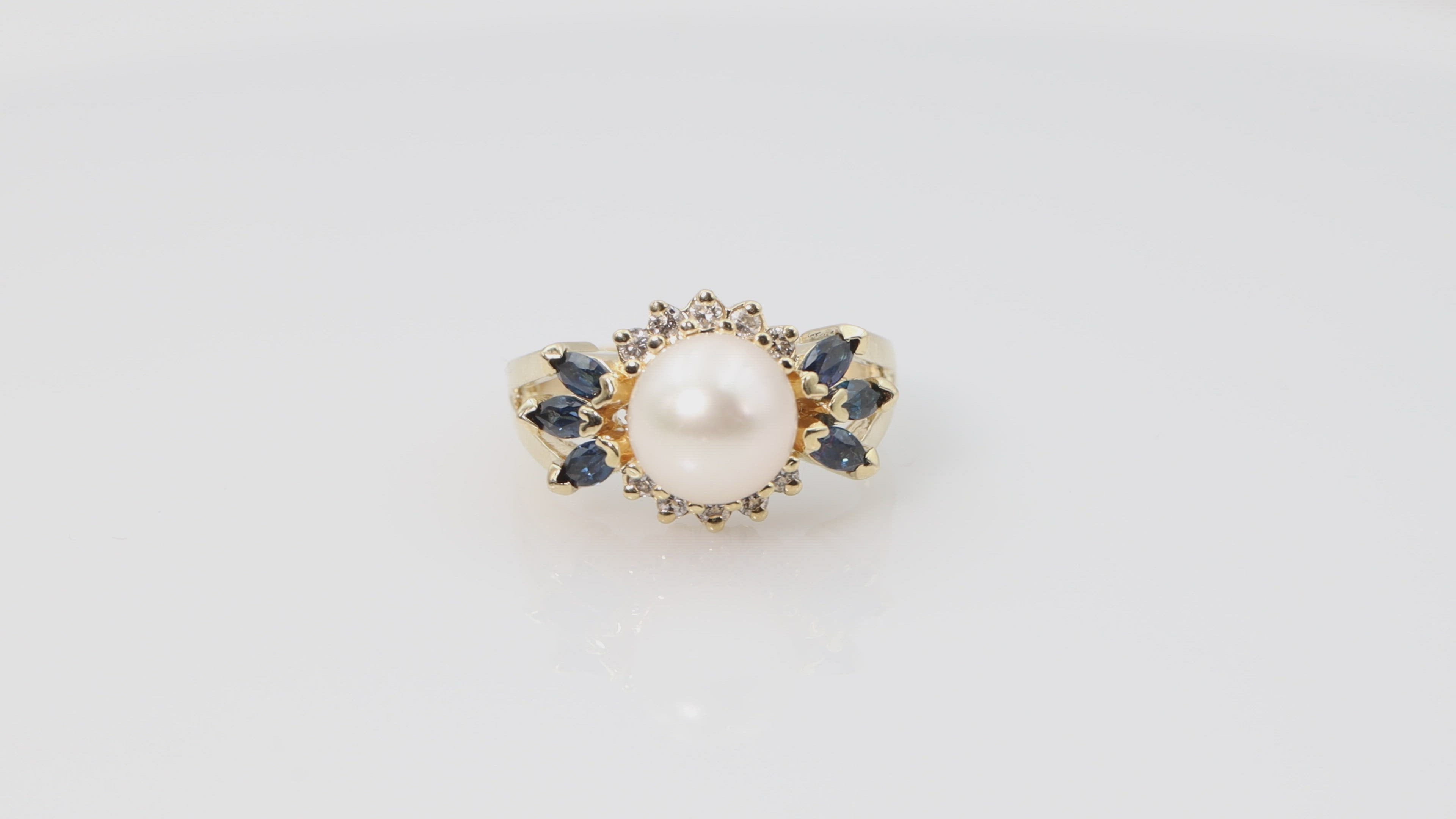 Pearl, Diamond and Sapphire Ring in 14k Yellow Gold